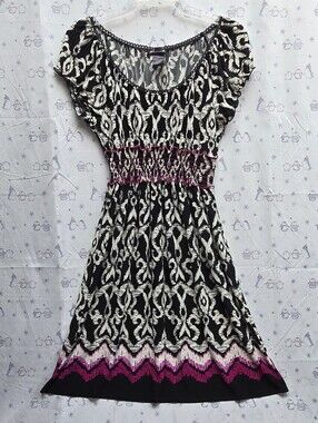 Delusional Smocked Waist Black & White Printed Dress with Pink Hem Accent. M